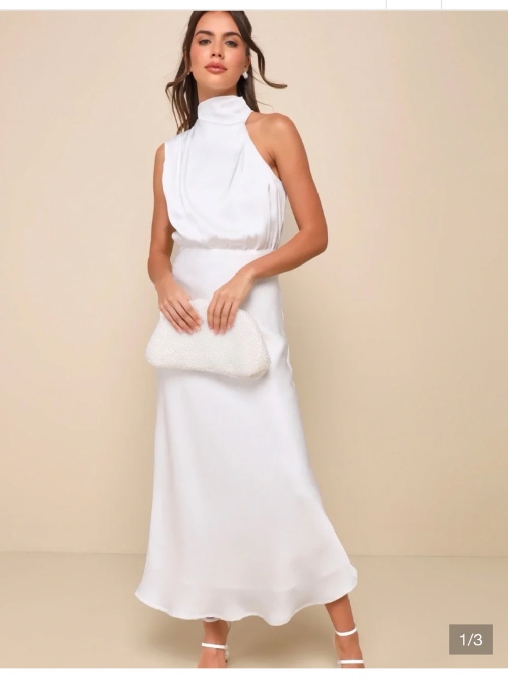 Lulus White High/Cowl Neck Satin Midi Dress